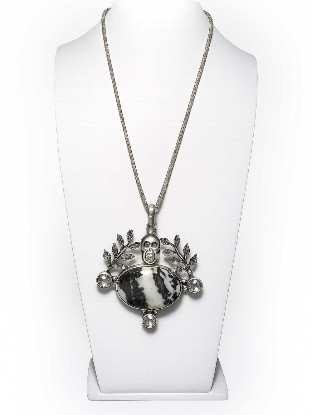 Gothic Skull Zebra Jasper Pendant Necklace Black White Stone Crystal Accents